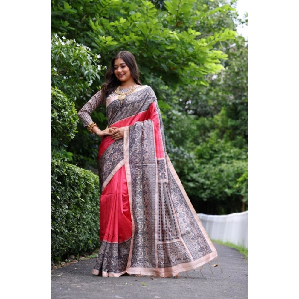 Faux_Tussar Ethnic_Print Saree With Unstitched Blouse 5.5Mtr (Red)