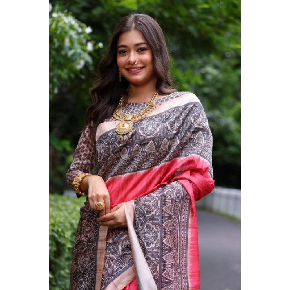 Faux_Tussar Ethnic_Print Saree With Unstitched Blouse 5.5Mtr (Red)