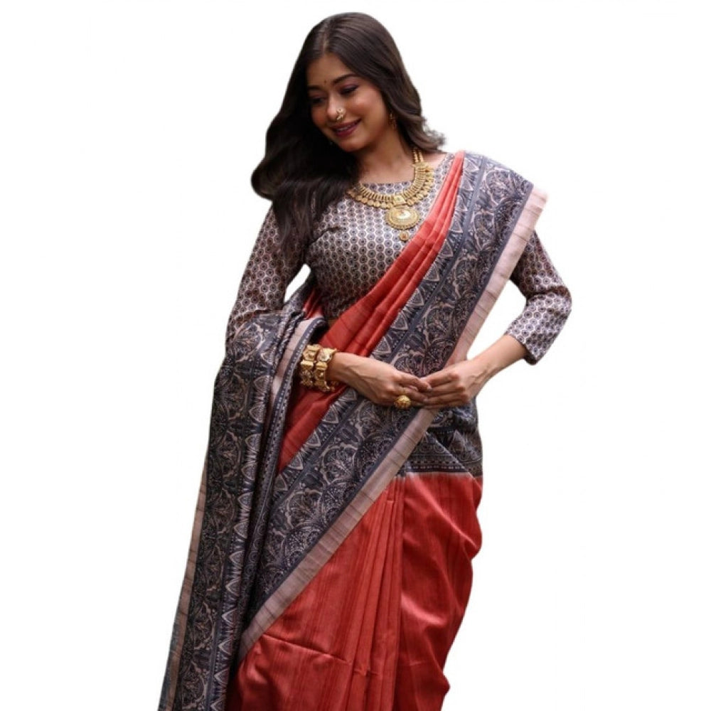 Faux_Tussar Ethnic_Print Saree With Unstitched Blouse 5.5Mtr (Rust)