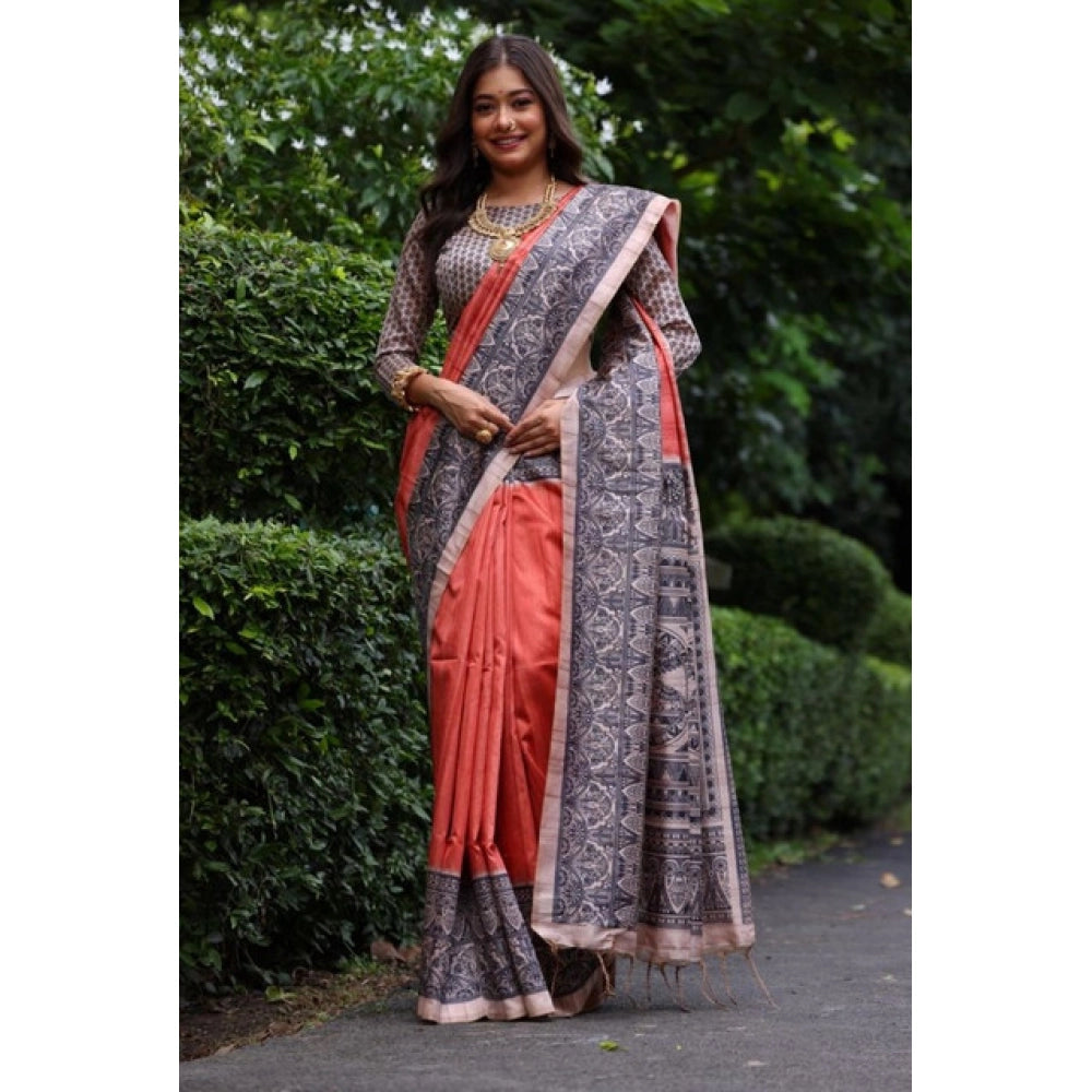 Faux_Tussar Ethnic_Print Saree With Unstitched Blouse 5.5Mtr (Rust)