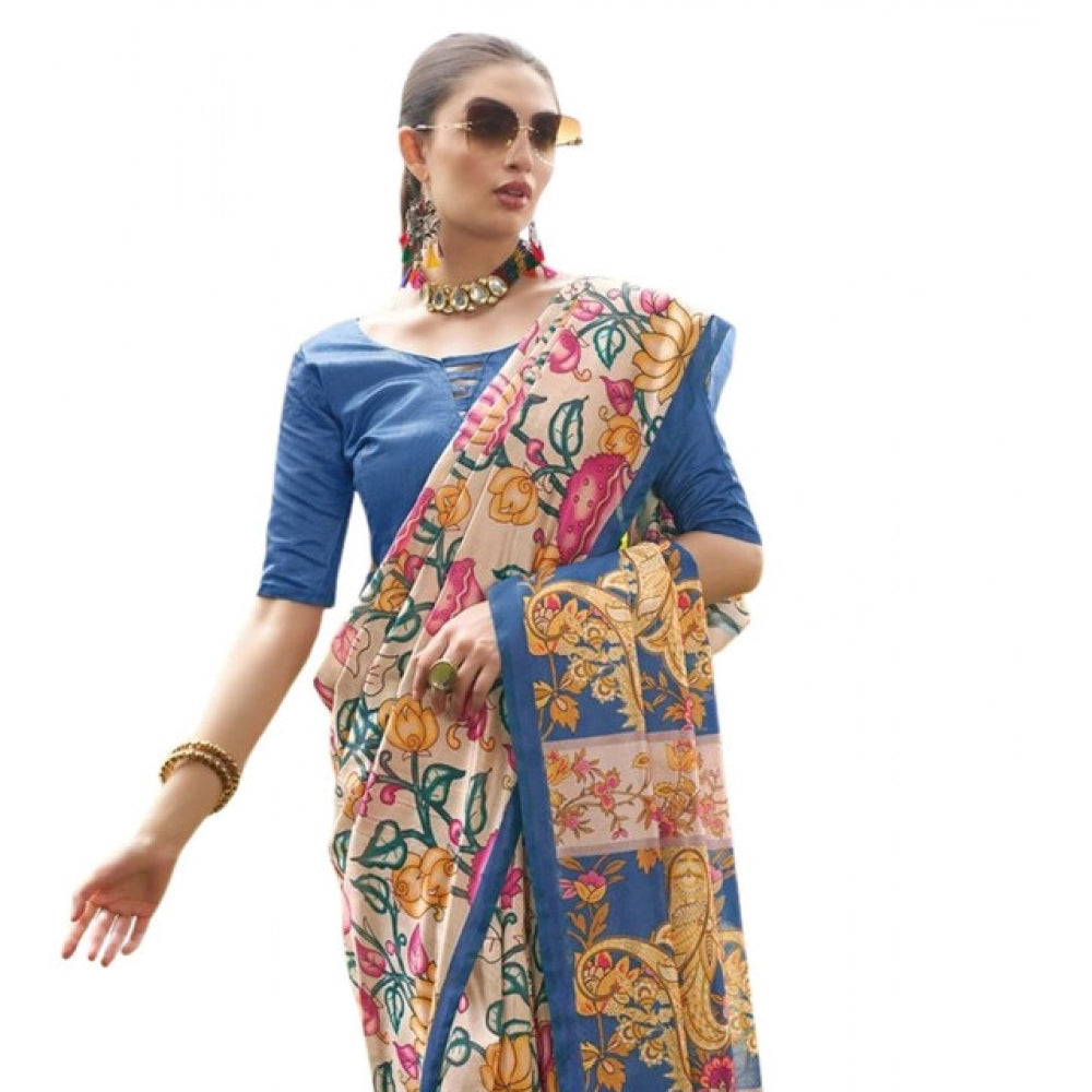 Faux_Tussar Kalamkari_Print Saree With Unstitched Blouse 5.5Mtr (Blue)