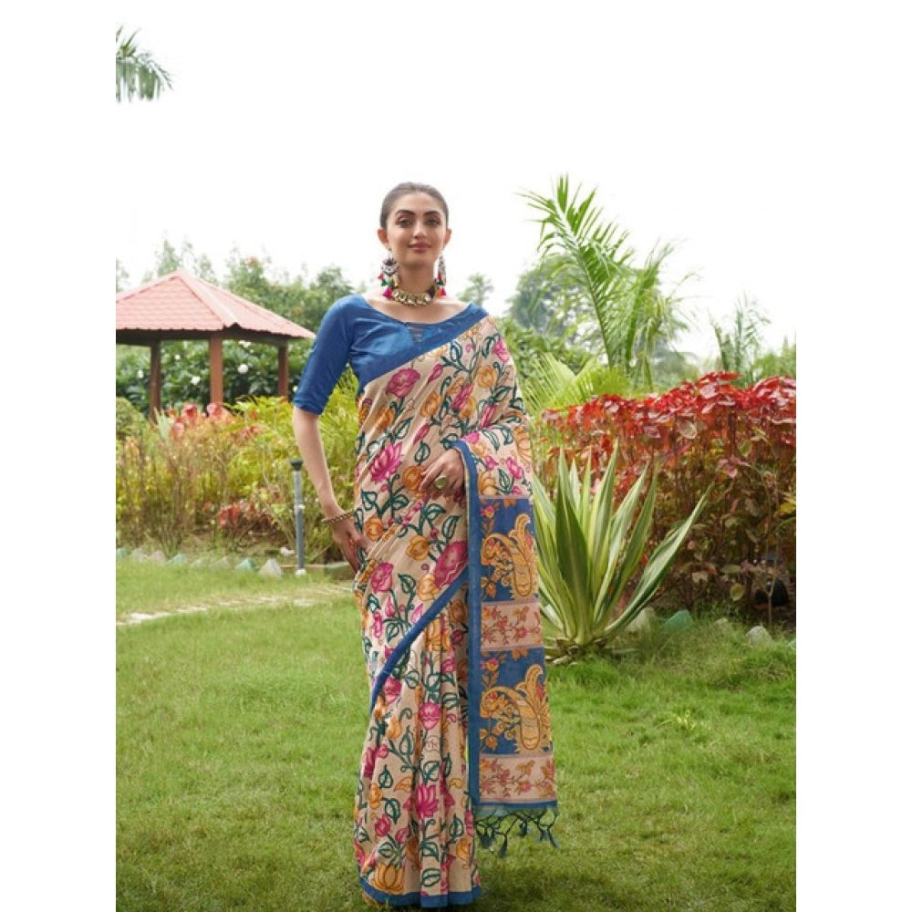 Faux_Tussar Kalamkari_Print Saree With Unstitched Blouse 5.5Mtr (Blue)