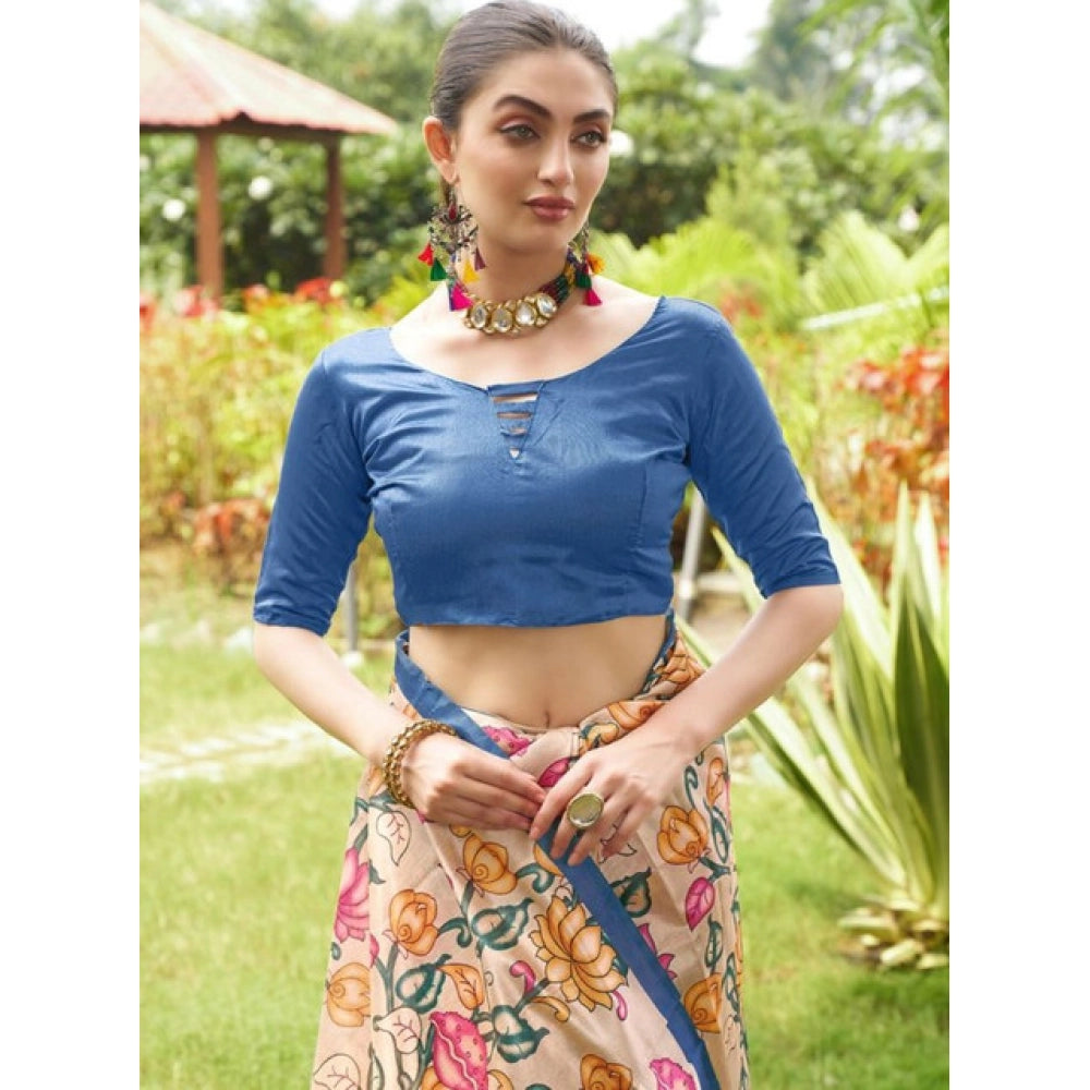 Faux_Tussar Kalamkari_Print Saree With Unstitched Blouse 5.5Mtr (Blue)