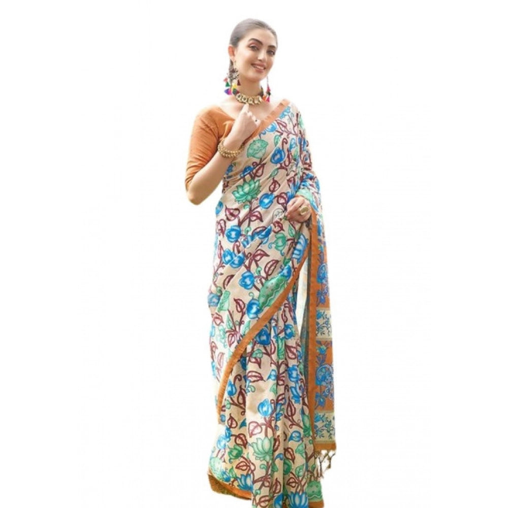 Faux_Tussar Kalamkari_Print Saree With Unstitched Blouse 5.5Mtr (Brown)