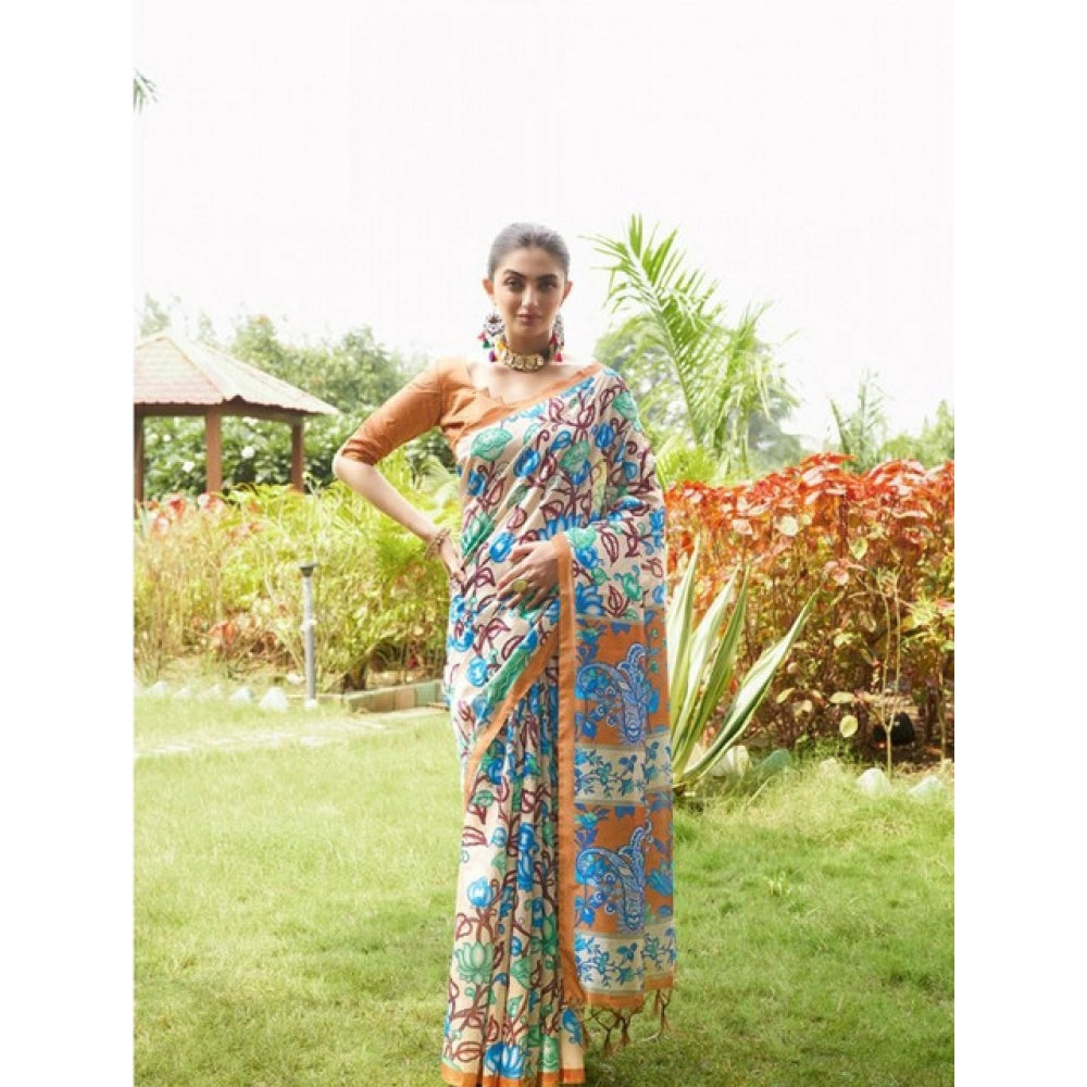 Faux_Tussar Kalamkari_Print Saree With Unstitched Blouse 5.5Mtr (Brown)