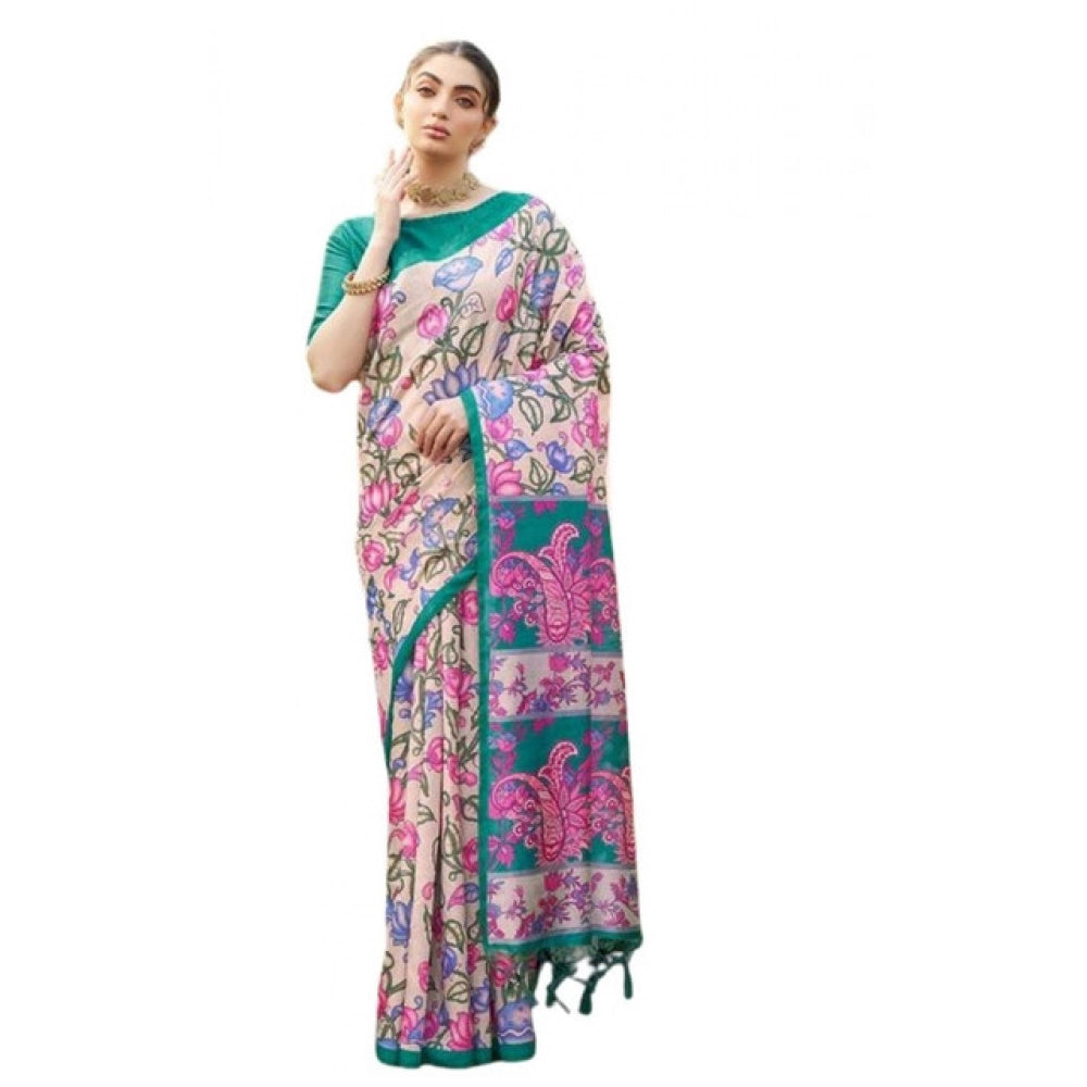 Faux_Tussar Kalamkari_Print Saree With Unstitched Blouse 5.5Mtr (Green)