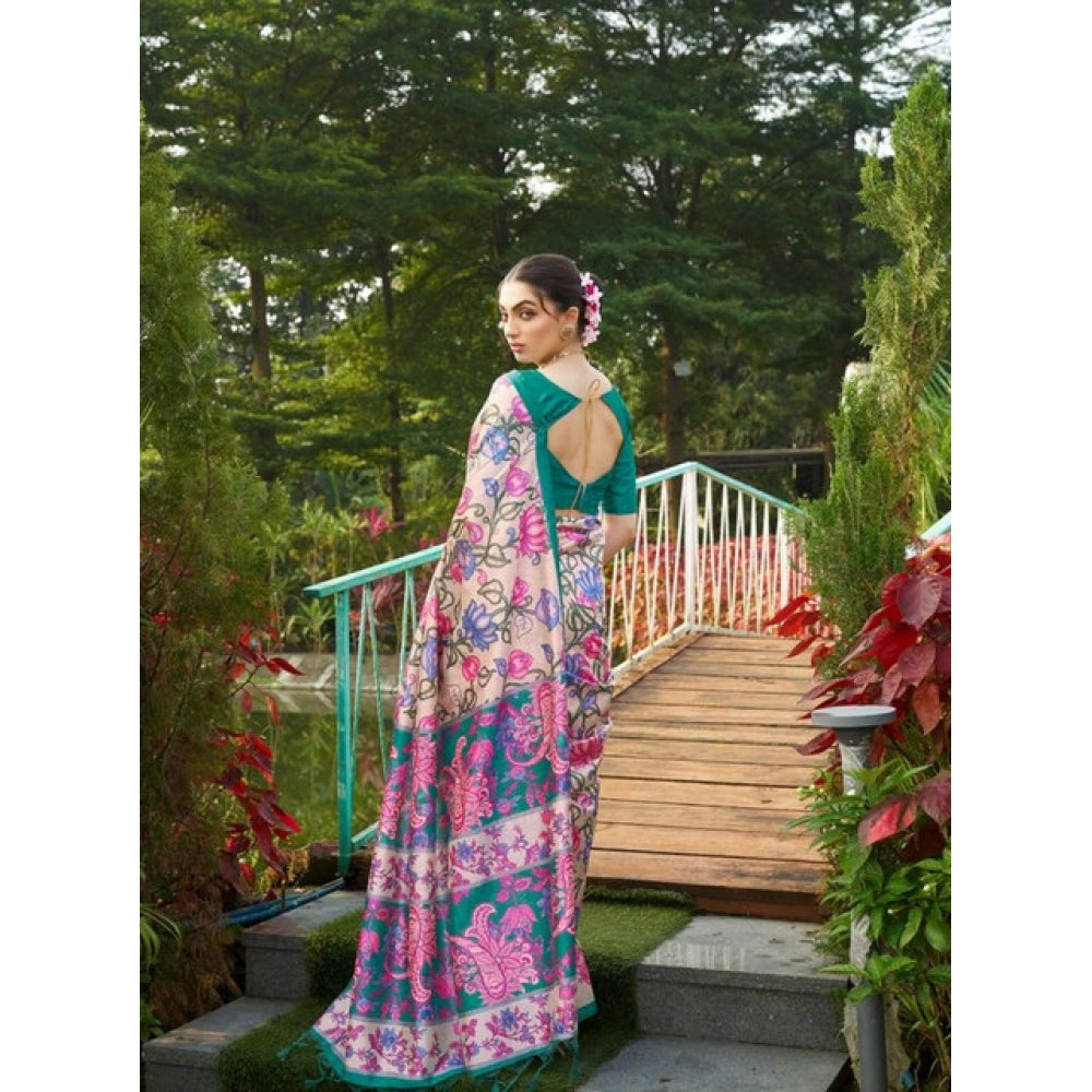 Faux_Tussar Kalamkari_Print Saree With Unstitched Blouse 5.5Mtr (Green)