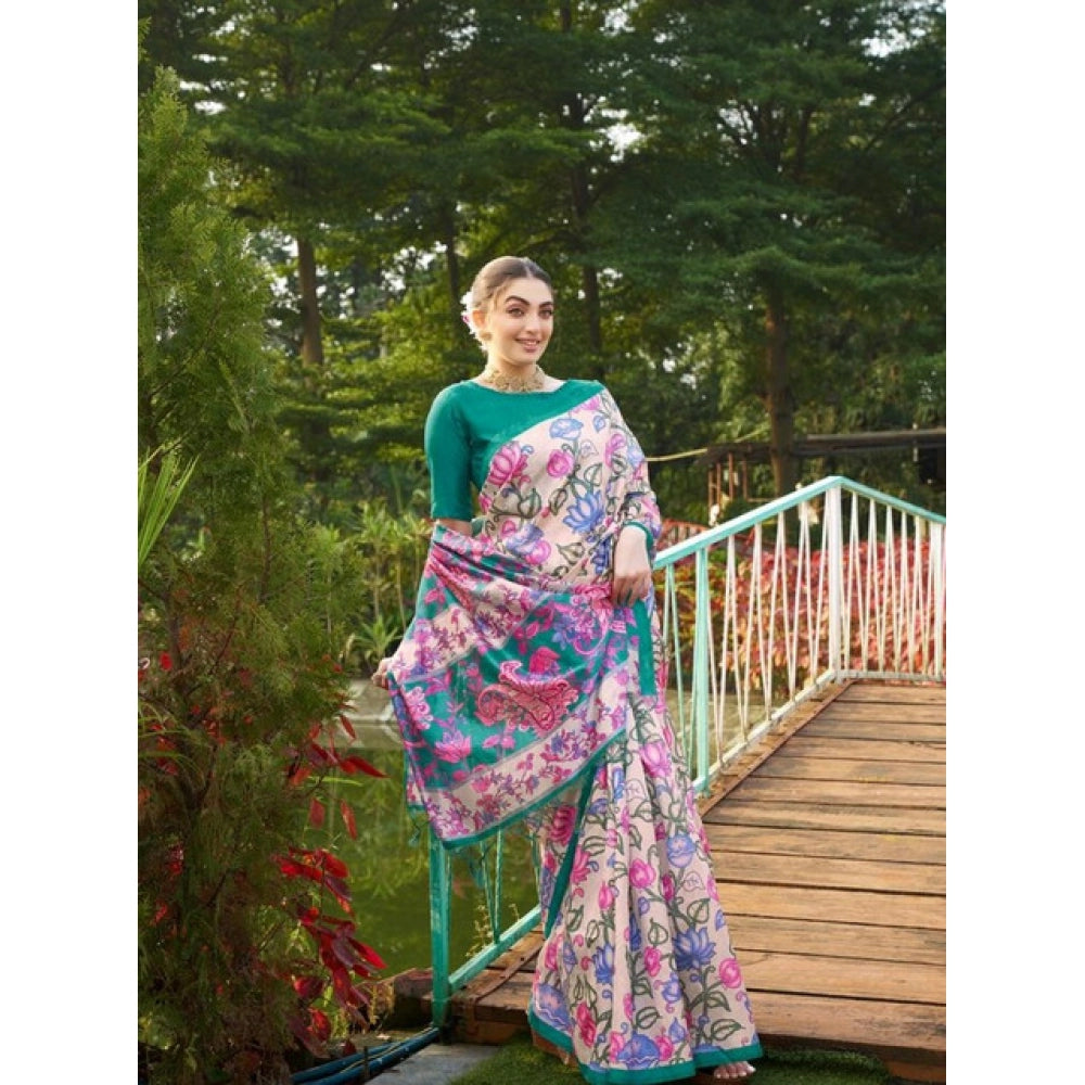 Faux_Tussar Kalamkari_Print Saree With Unstitched Blouse 5.5Mtr (Green)
