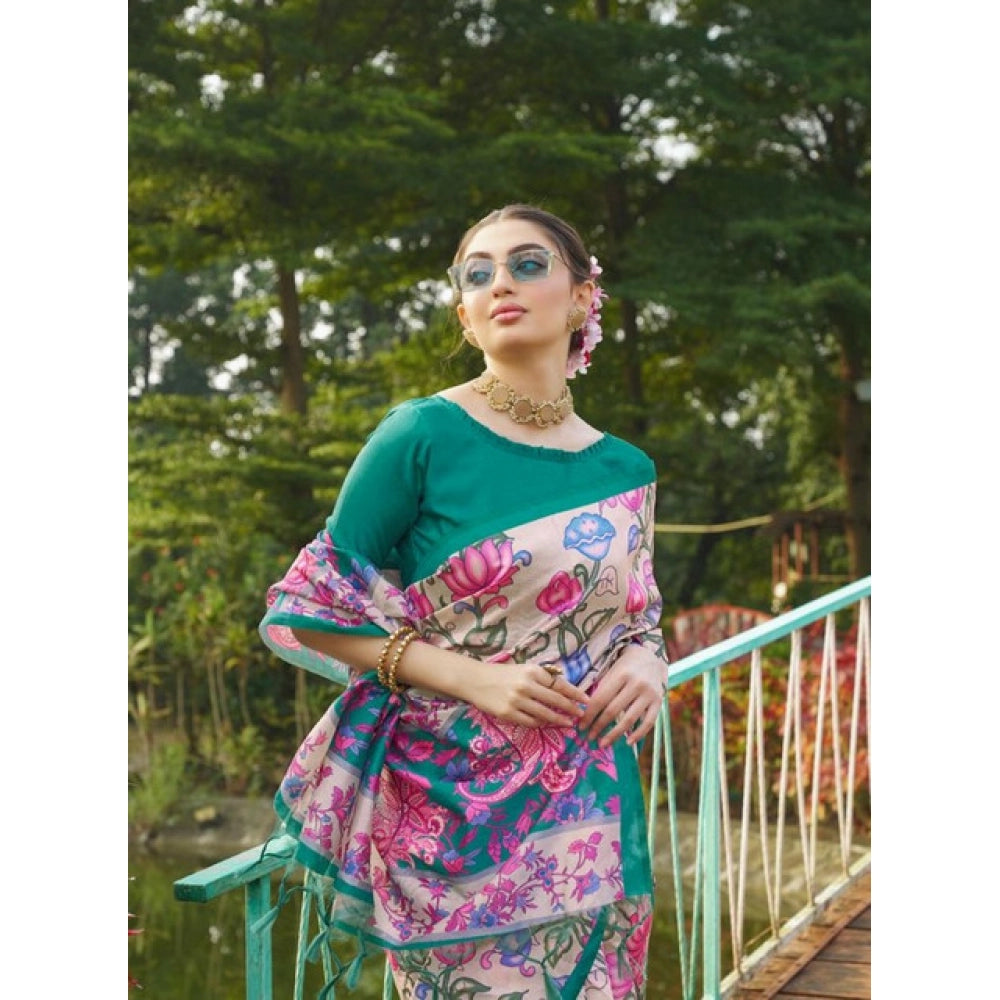 Faux_Tussar Kalamkari_Print Saree With Unstitched Blouse 5.5Mtr (Green)