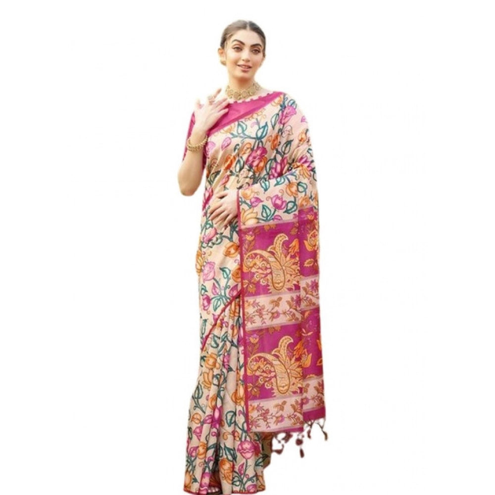 Faux_Tussar Kalamkari_Print Saree With Unstitched Blouse 5.5Mtr (Pink)