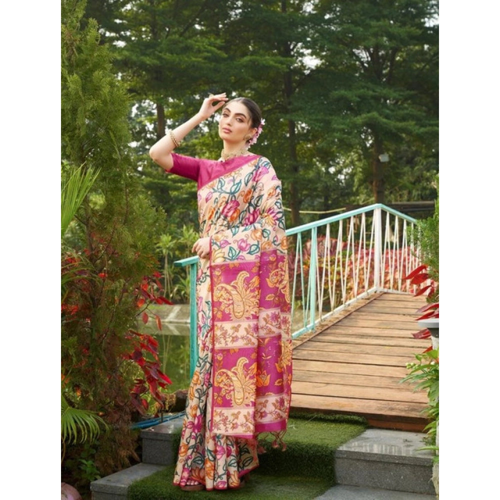 Faux_Tussar Kalamkari_Print Saree With Unstitched Blouse 5.5Mtr (Pink)