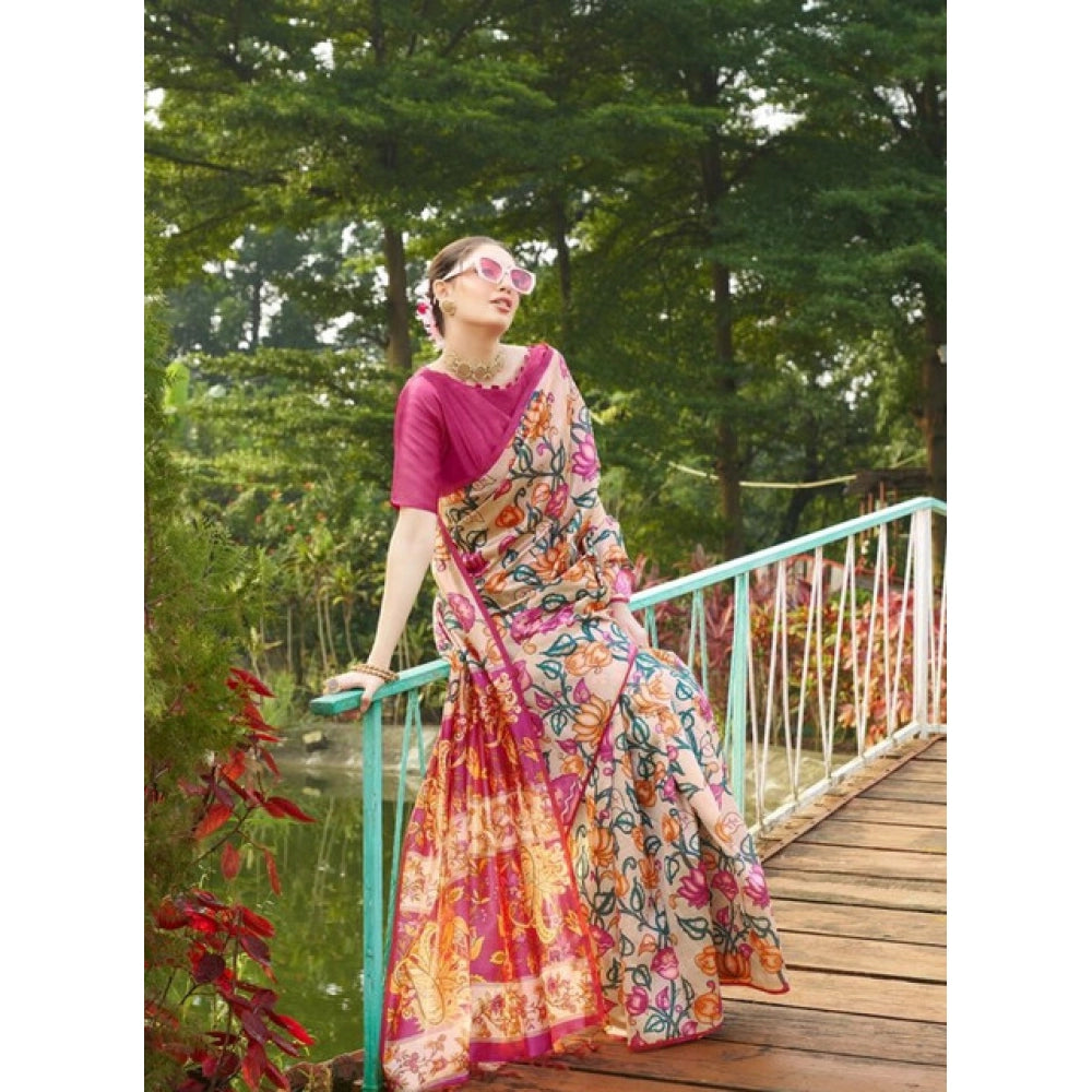 Faux_Tussar Kalamkari_Print Saree With Unstitched Blouse 5.5Mtr (Pink)