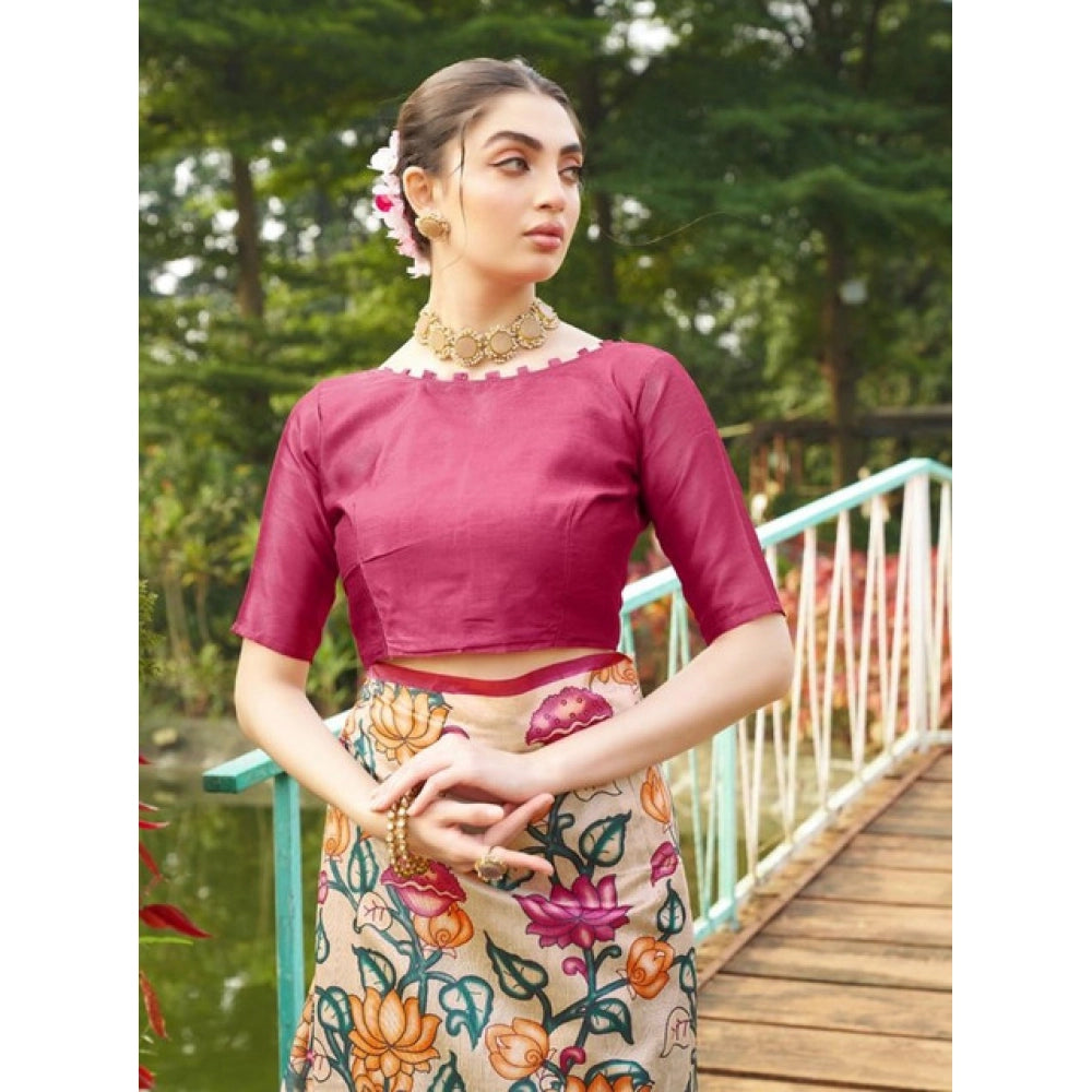 Faux_Tussar Kalamkari_Print Saree With Unstitched Blouse 5.5Mtr (Pink)