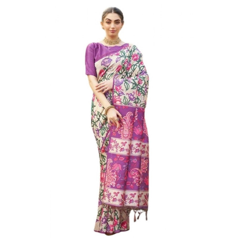 Faux_Tussar Kalamkari_Print Saree With Unstitched Blouse 5.5Mtr (Purple)