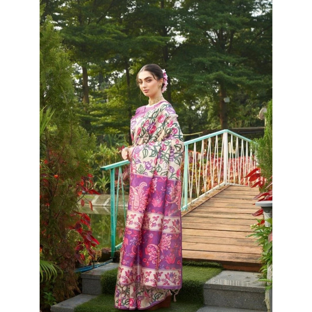 Faux_Tussar Kalamkari_Print Saree With Unstitched Blouse 5.5Mtr (Purple)