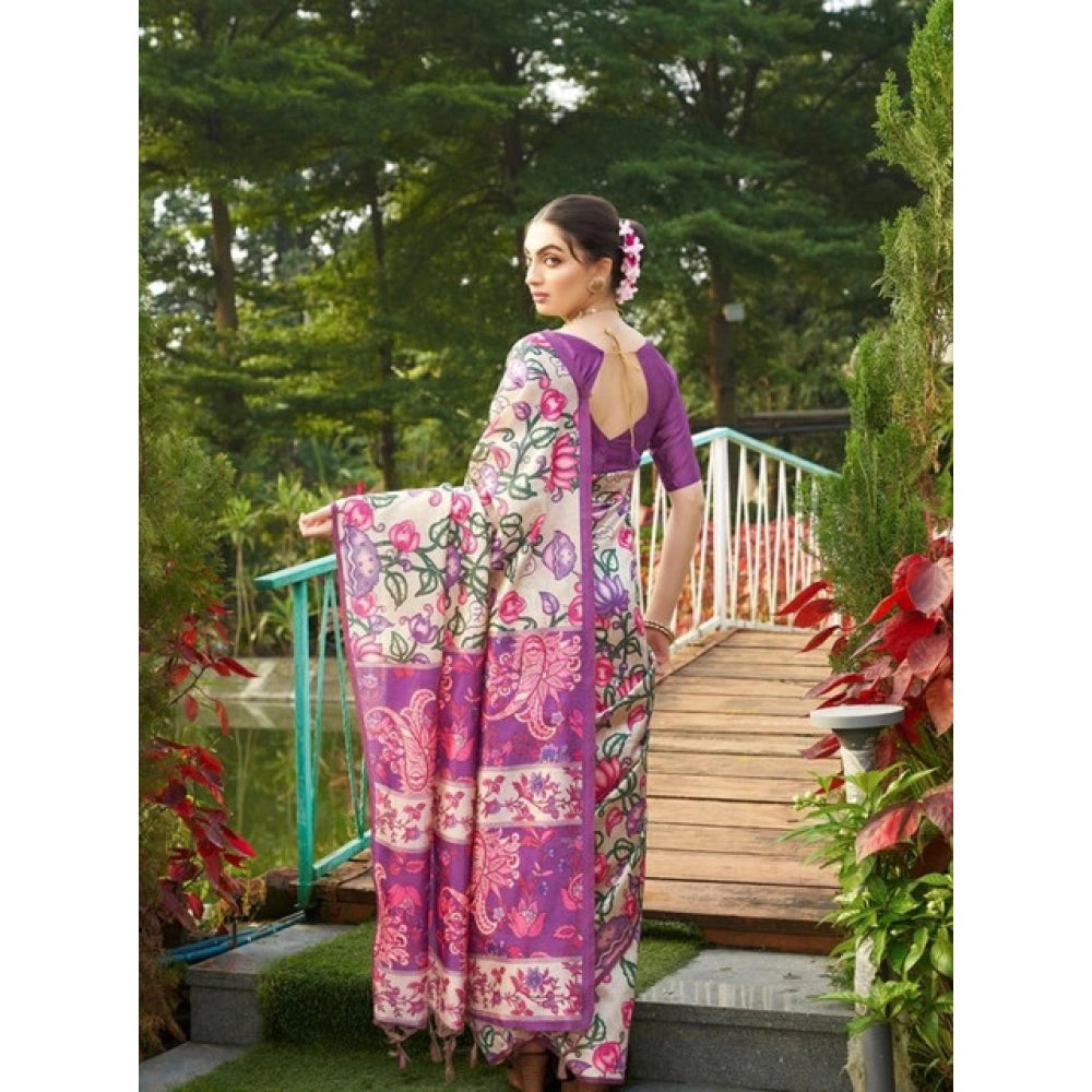 Faux_Tussar Kalamkari_Print Saree With Unstitched Blouse 5.5Mtr (Purple)
