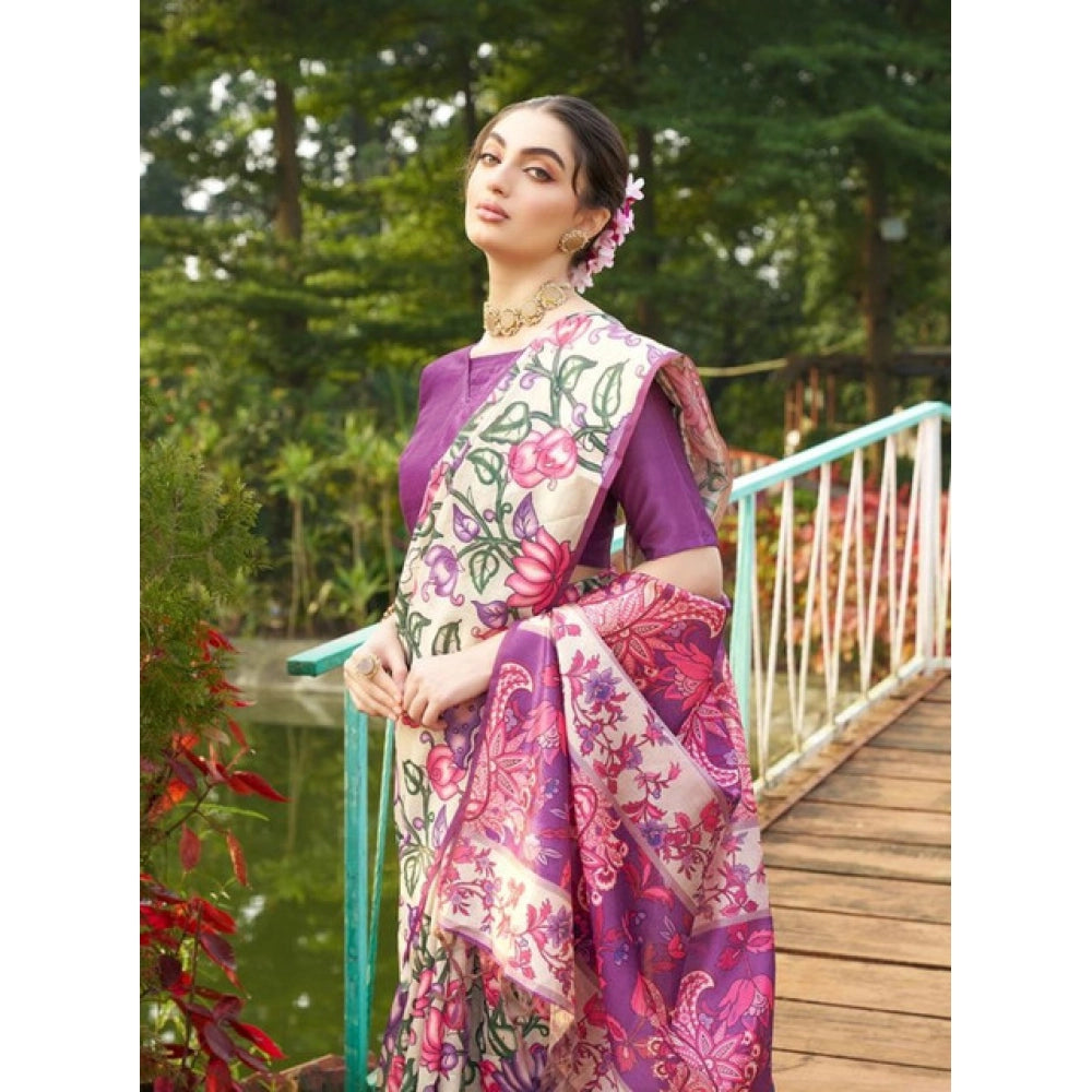Faux_Tussar Kalamkari_Print Saree With Unstitched Blouse 5.5Mtr (Purple)