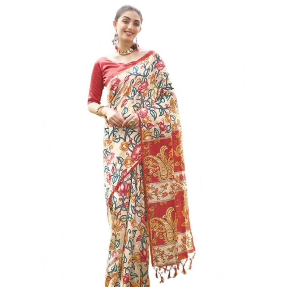 Faux_Tussar Kalamkari_Print Saree With Unstitched Blouse 5.5Mtr (Red)