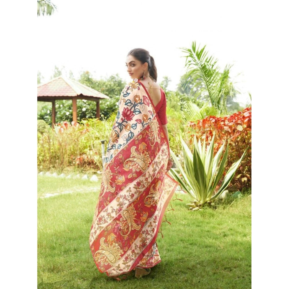 Faux_Tussar Kalamkari_Print Saree With Unstitched Blouse 5.5Mtr (Red)