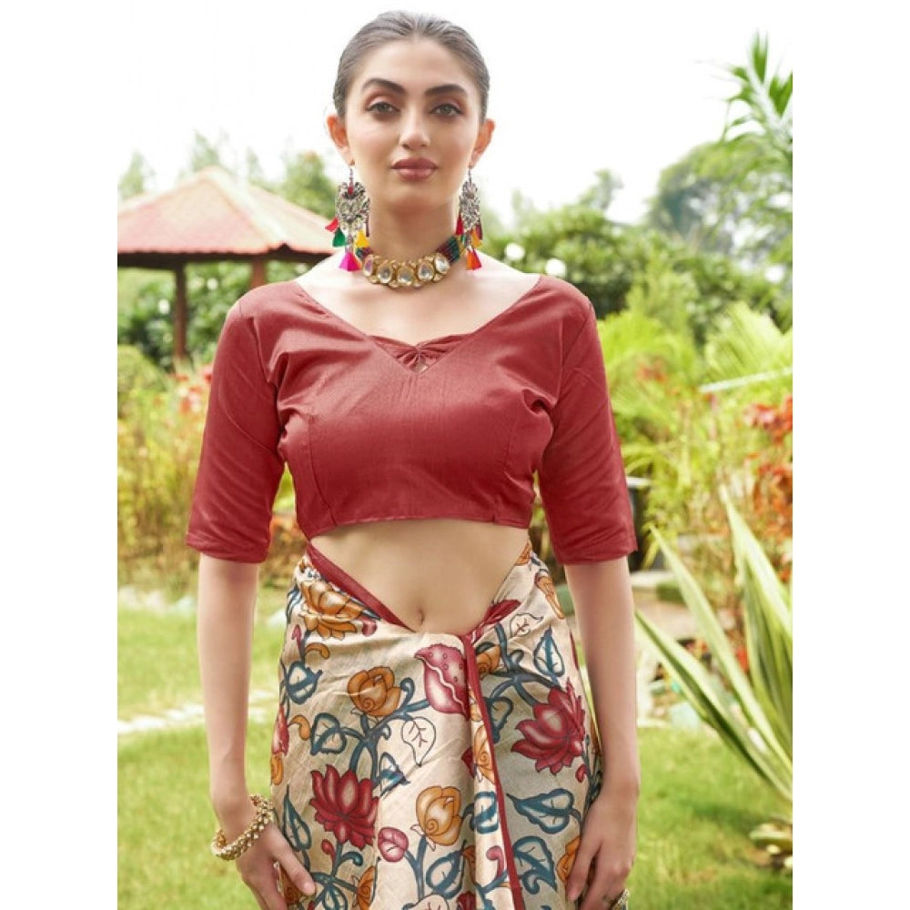Faux_Tussar Kalamkari_Print Saree With Unstitched Blouse 5.5Mtr (Red)