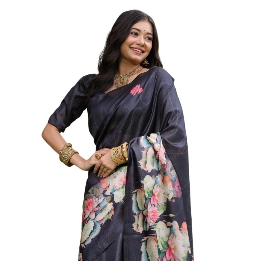 Faux_Tussar Floral Saree With Unstitched Blouse 5.5Mtr (Black)