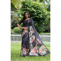 Faux_Tussar Floral Saree With Unstitched Blouse 5.5Mtr (Black)