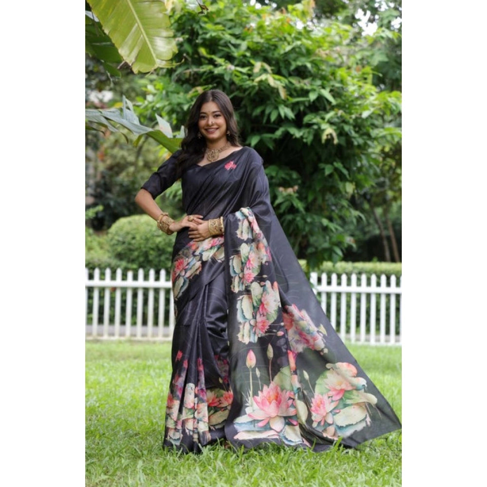Faux_Tussar Floral Saree With Unstitched Blouse 5.5Mtr (Black)