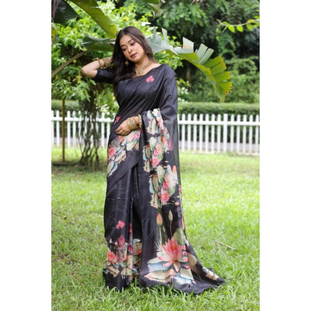 Faux_Tussar Floral Saree With Unstitched Blouse 5.5Mtr (Black)