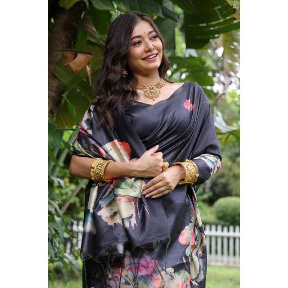 Faux_Tussar Floral Saree With Unstitched Blouse 5.5Mtr (Black)
