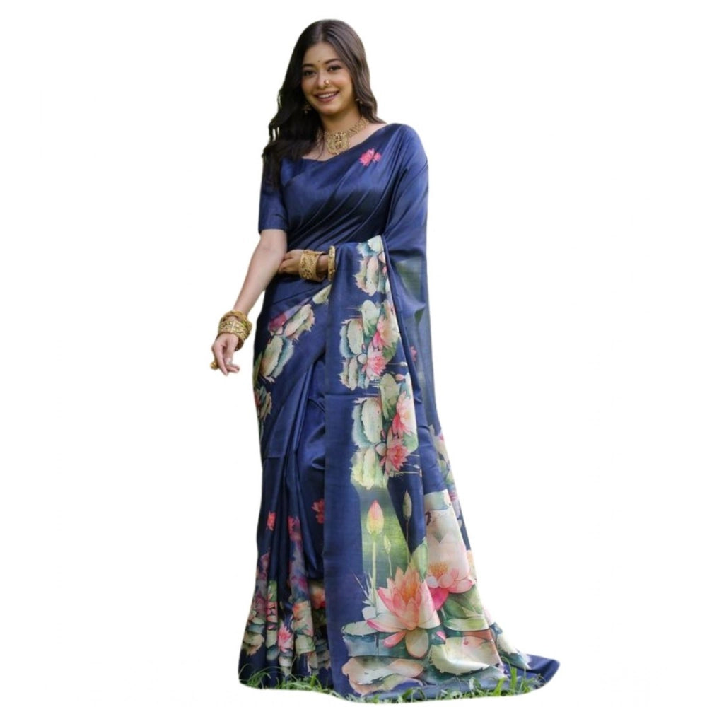 Faux_Tussar Floral Saree With Unstitched Blouse 5.5Mtr (Navy_Blue)