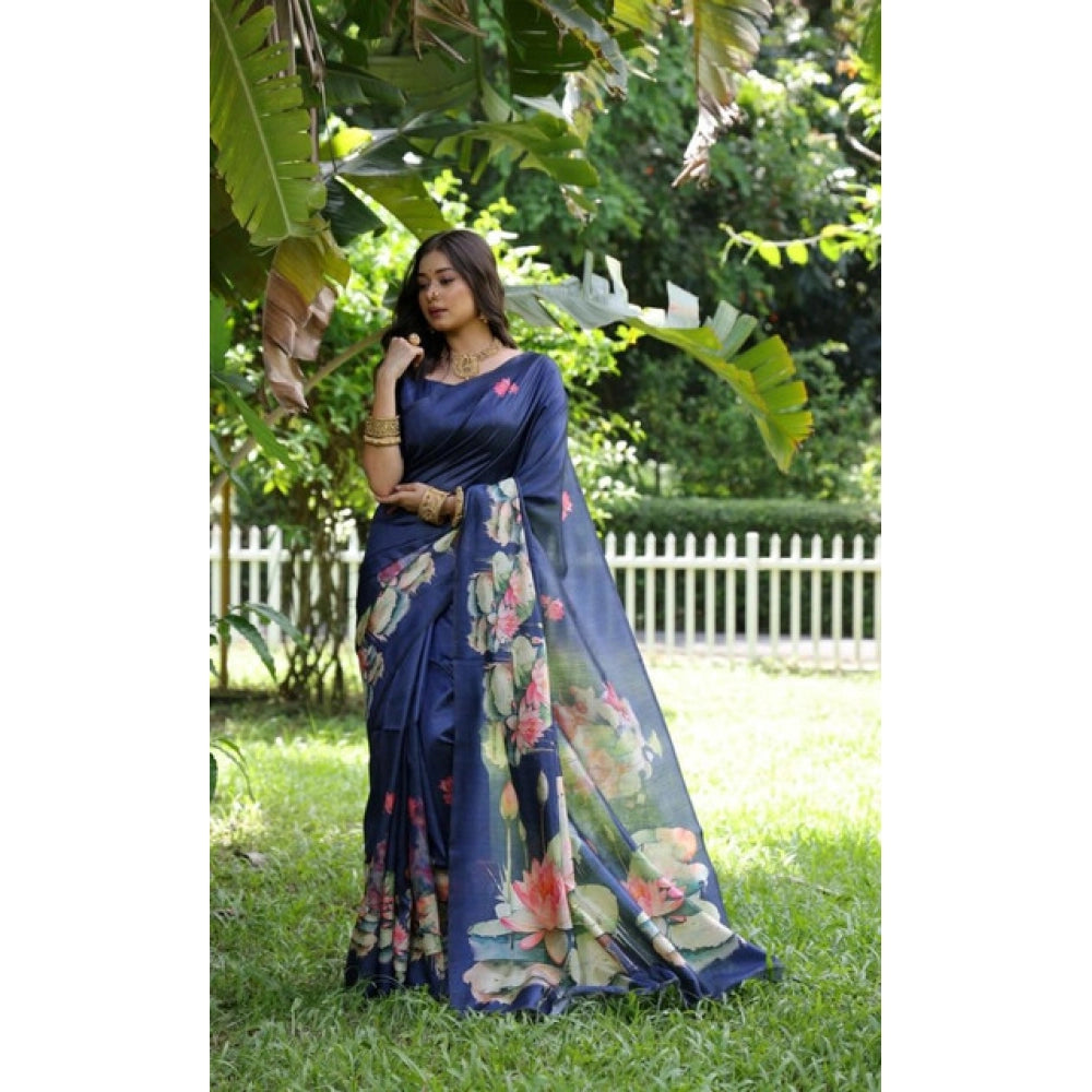 Faux_Tussar Floral Saree With Unstitched Blouse 5.5Mtr (Navy_Blue)