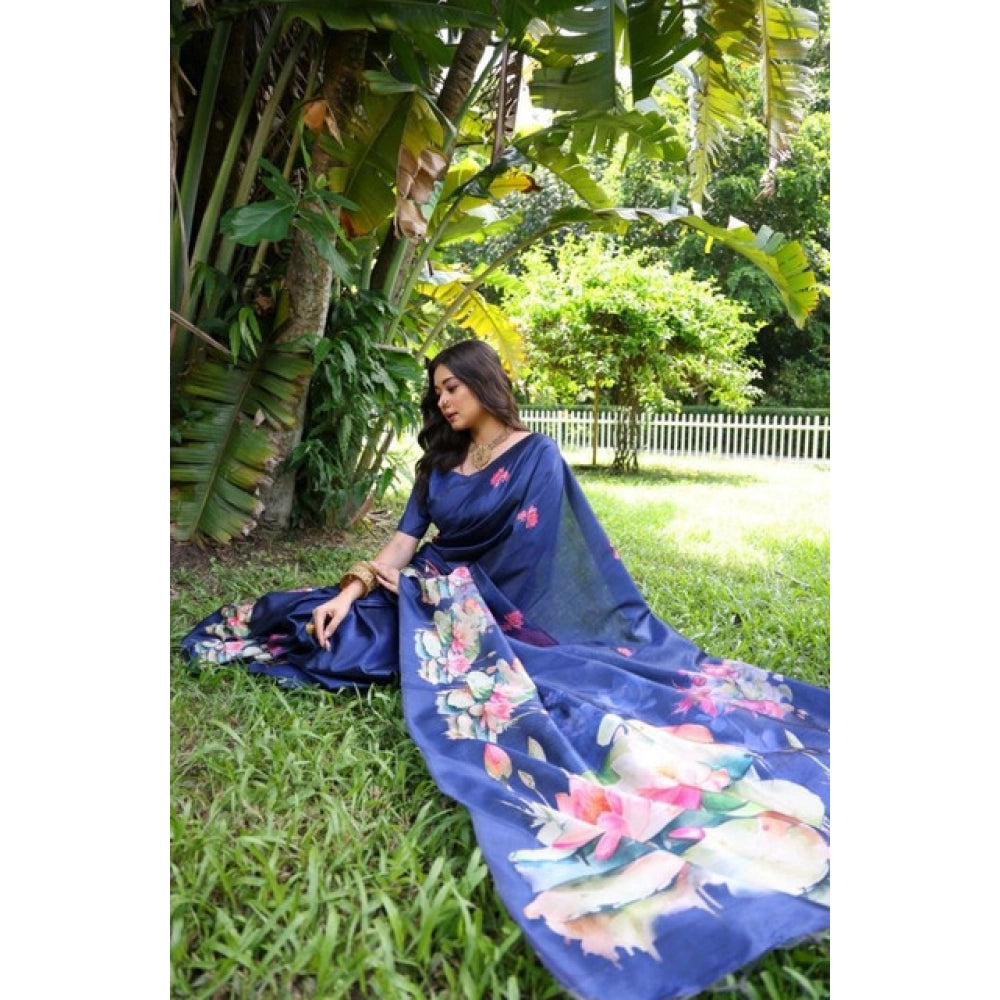 Faux_Tussar Floral Saree With Unstitched Blouse 5.5Mtr (Navy_Blue)