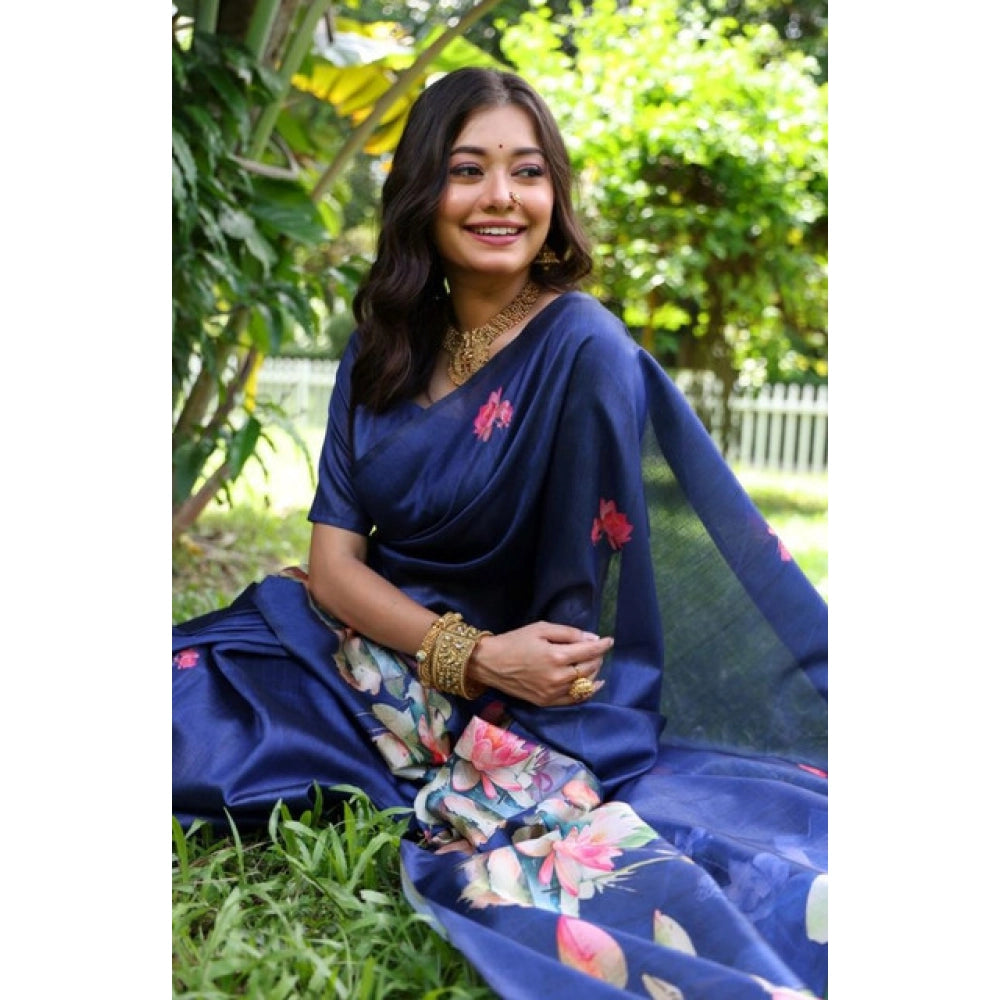 Faux_Tussar Floral Saree With Unstitched Blouse 5.5Mtr (Navy_Blue)