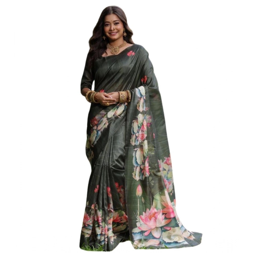 Faux_Tussar Floral Saree With Unstitched Blouse 5.5Mtr (Olive)