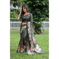 Faux_Tussar Floral Saree With Unstitched Blouse 5.5Mtr (Olive)