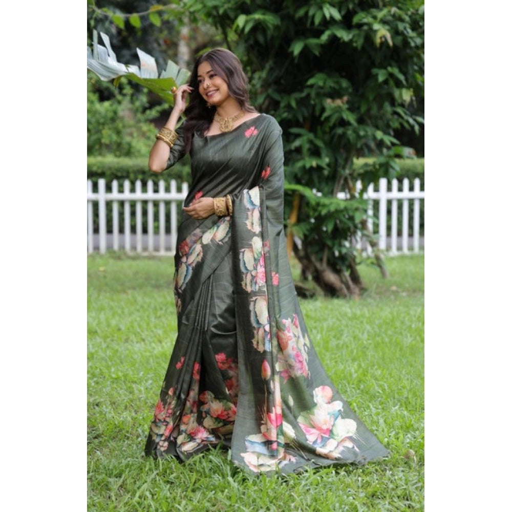 Faux_Tussar Floral Saree With Unstitched Blouse 5.5Mtr (Olive)