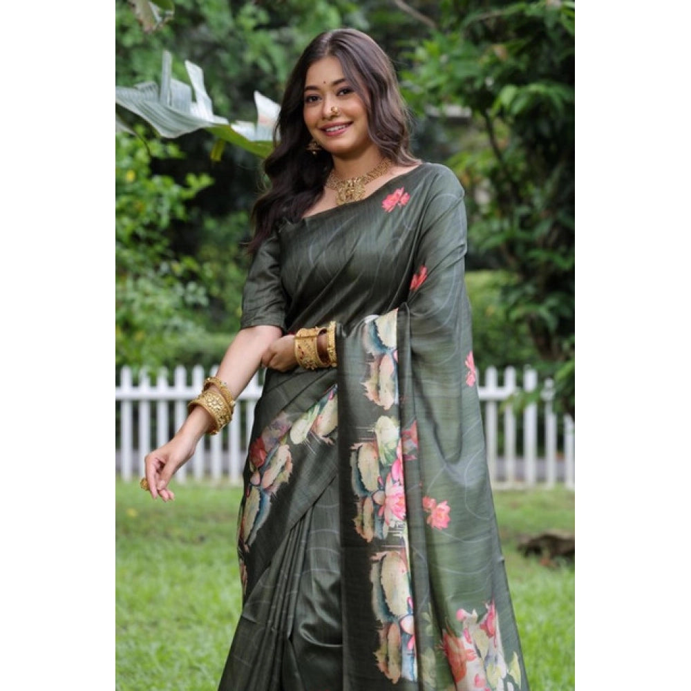 Faux_Tussar Floral Saree With Unstitched Blouse 5.5Mtr (Olive)