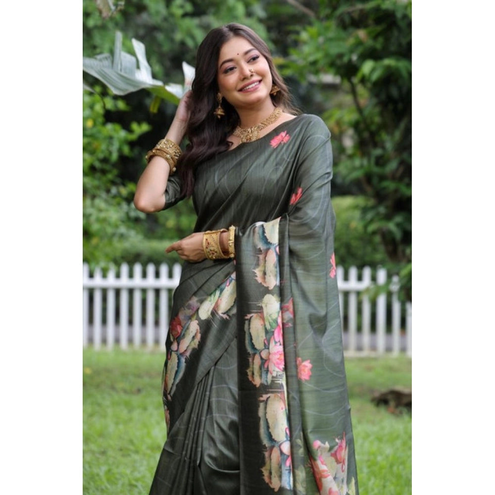 Faux_Tussar Floral Saree With Unstitched Blouse 5.5Mtr (Olive)