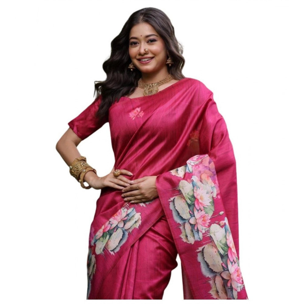 Faux_Tussar Floral Saree With Unstitched Blouse 5.5Mtr (Pink)