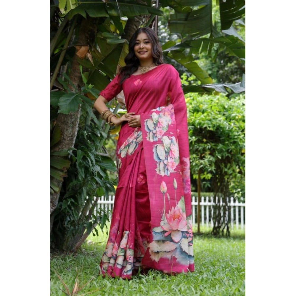 Faux_Tussar Floral Saree With Unstitched Blouse 5.5Mtr (Pink)