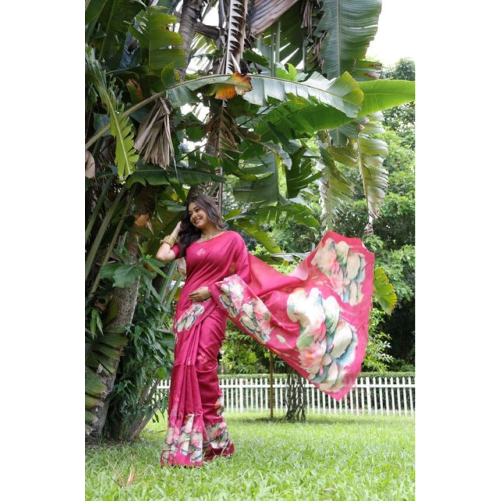Faux_Tussar Floral Saree With Unstitched Blouse 5.5Mtr (Pink)