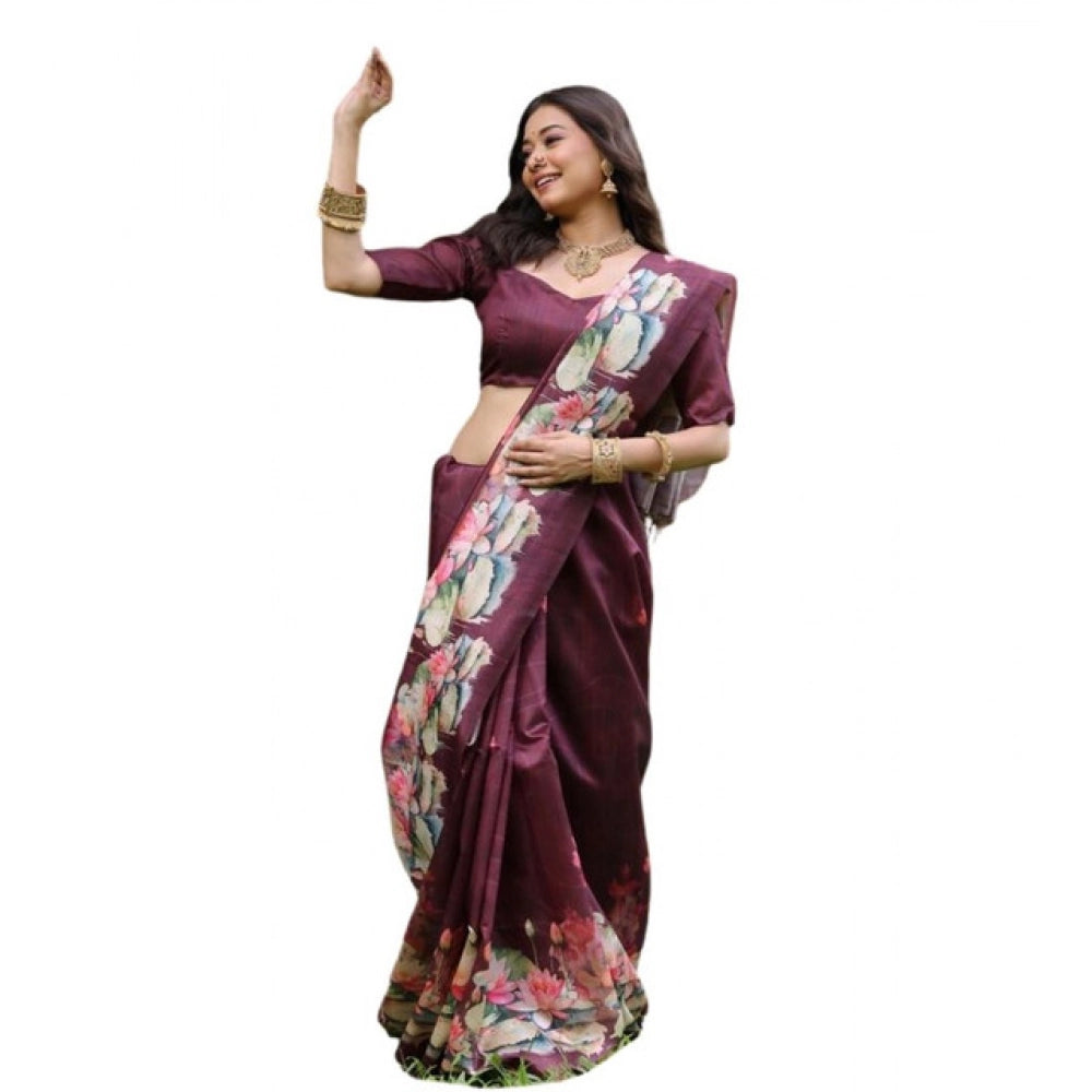 Faux_Tussar Floral Saree With Unstitched Blouse 5.5Mtr (Purple)