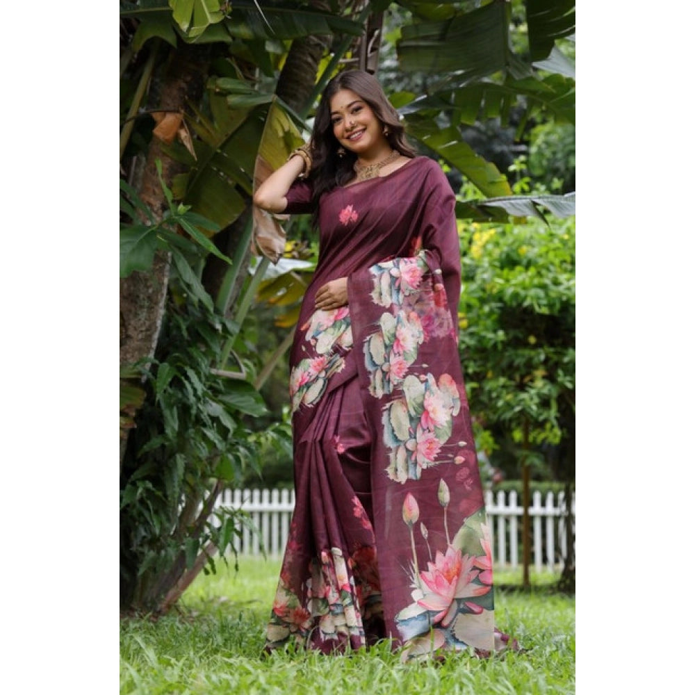 Faux_Tussar Floral Saree With Unstitched Blouse 5.5Mtr (Purple)