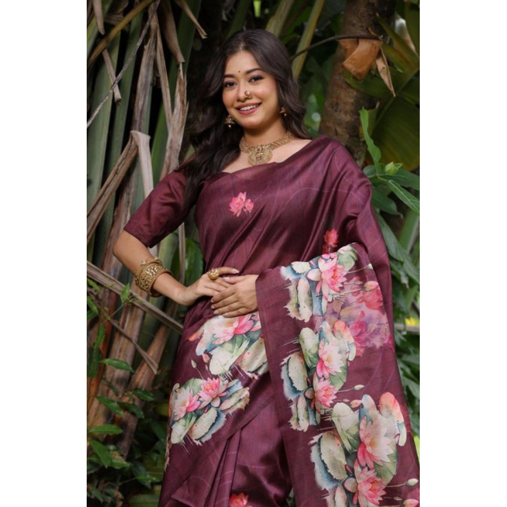 Faux_Tussar Floral Saree With Unstitched Blouse 5.5Mtr (Purple)