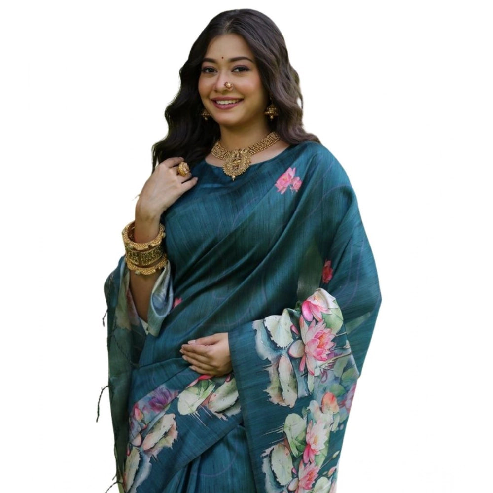 Faux_Tussar Floral Saree With Unstitched Blouse 5.5Mtr (Teal)
