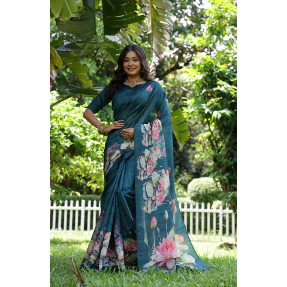 Faux_Tussar Floral Saree With Unstitched Blouse 5.5Mtr (Teal)