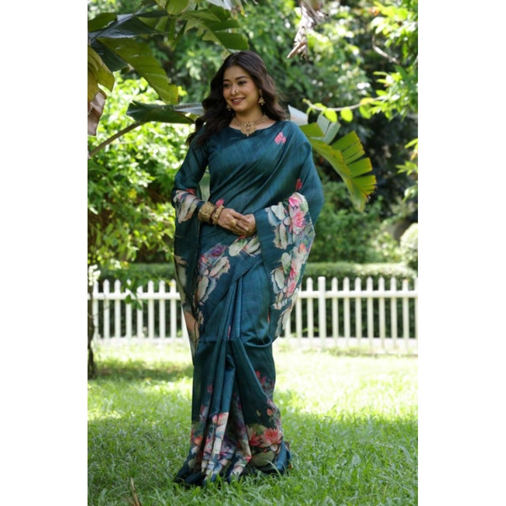 Faux_Tussar Floral Saree With Unstitched Blouse 5.5Mtr (Teal)