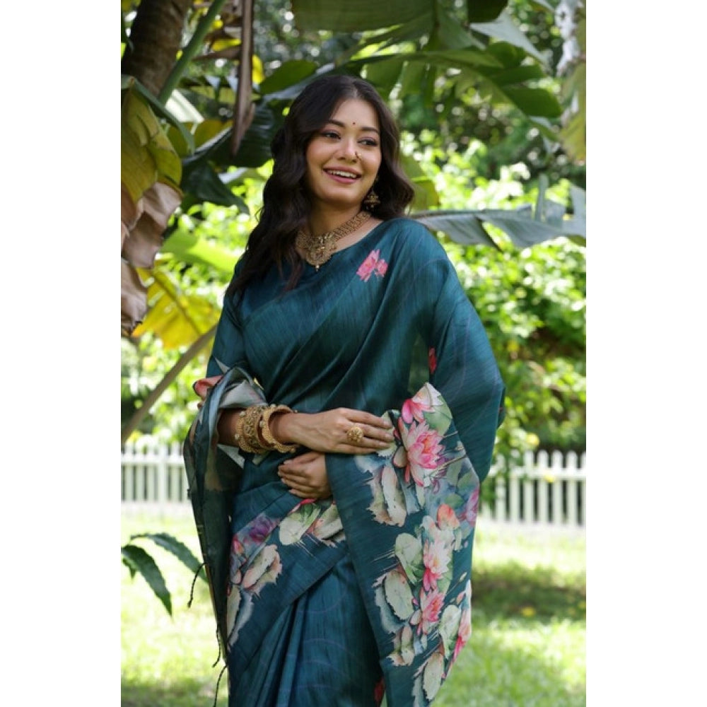 Faux_Tussar Floral Saree With Unstitched Blouse 5.5Mtr (Teal)