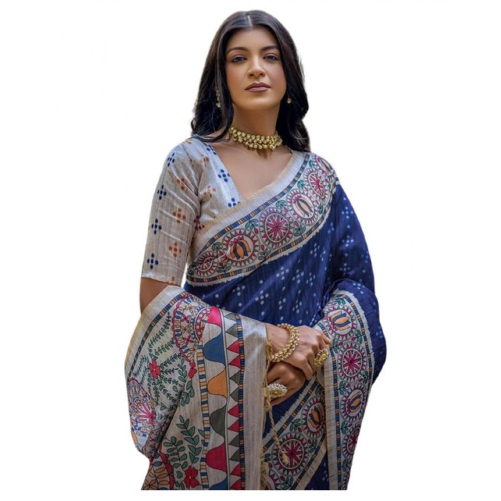 Faux_Tussar Geometric_Print Saree With Unstitched Blouse 5.5Mtr (Blue)