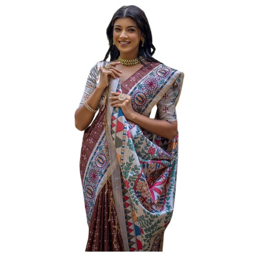 Faux_Tussar Geometric_Print Saree With Unstitched Blouse 5.5Mtr (Coffee)